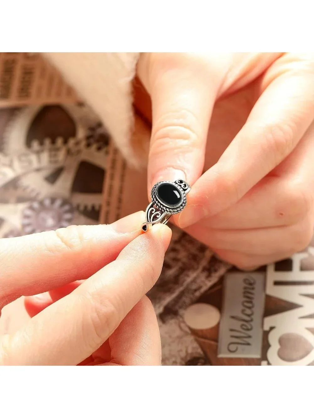 Women's Black Onyx 925 Sterling Silver Oval Adjustable Natural Stone Ring